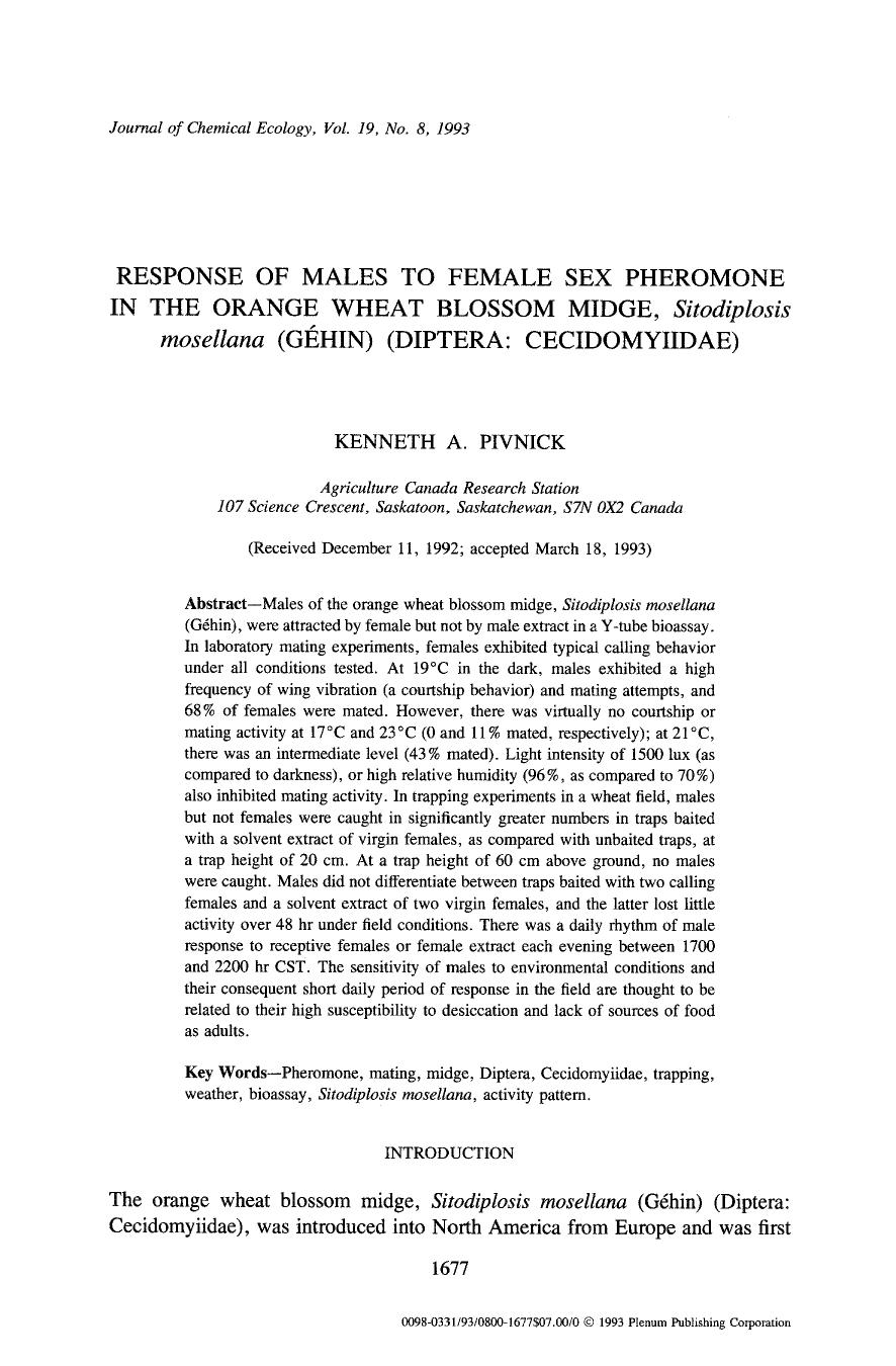Response of males to female sex pheromone in the orange wheat blossom midge, <Emphasis Type="Italic">Sitodiplosis mosellana <Emphasis> (G&#x00E9;hin) (Diptera: Cecidomyiidae) by Unknown