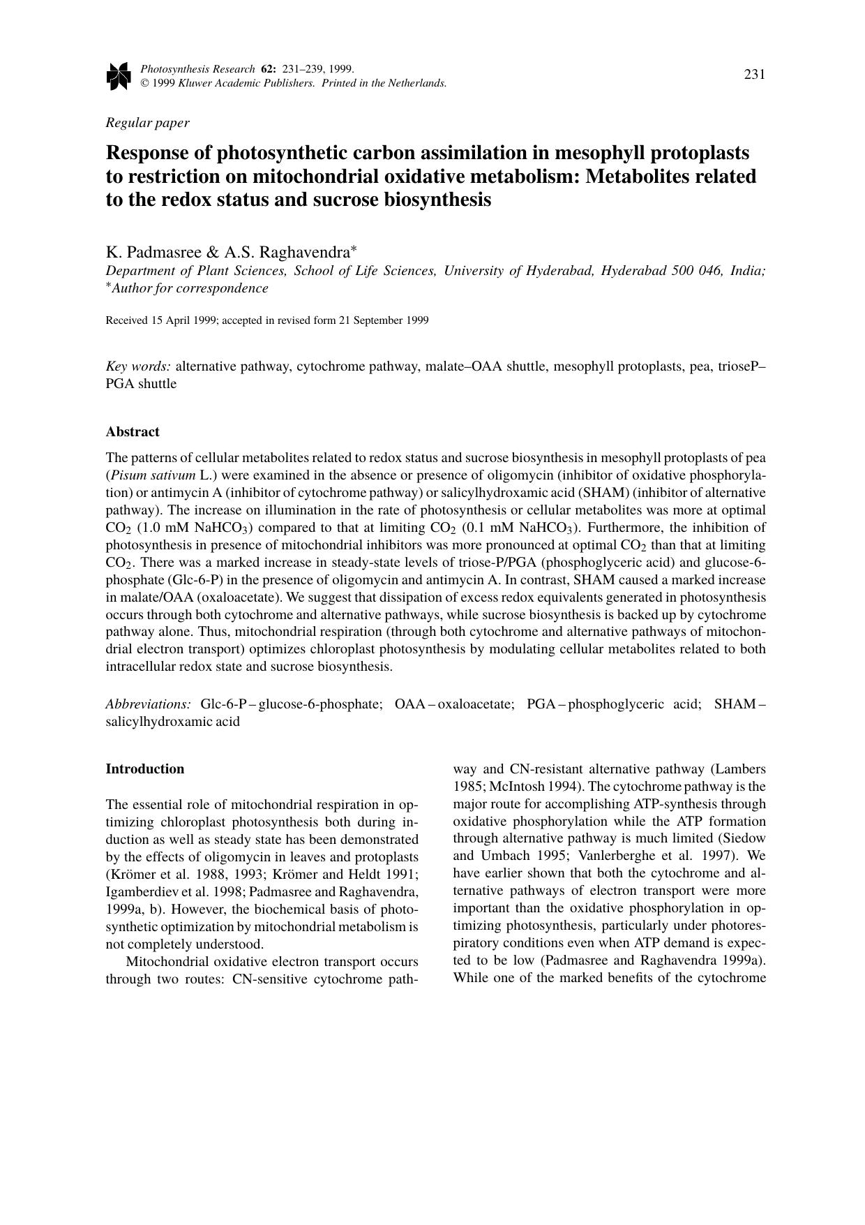 Response of photosynthetic carbon assimilation in mesophyll protoplasts to restriction on mitochondrial oxidative metabolism: Metabolites related to the redox status and sucrose biosynthesis by Unknown