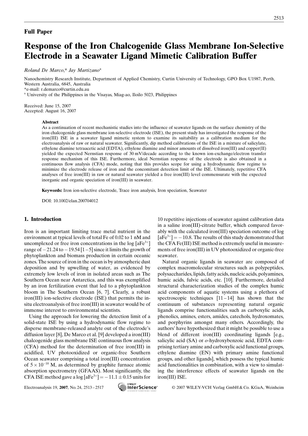 Response of the Iron Chalcogenide Glass Membrane Ion-Selective Electrode in a Seawater Ligand Mimetic Calibration Buffer by Unknown