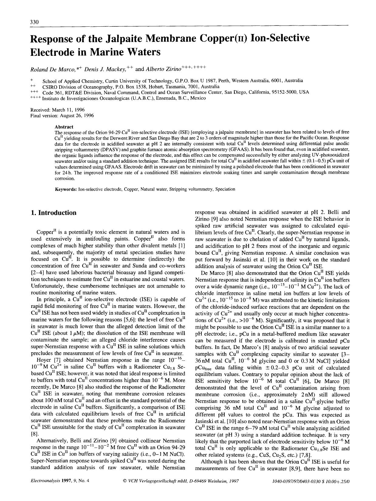 Response of the jalpaite membrane copper(II) ion-selective electrode in marine waters by Unknown