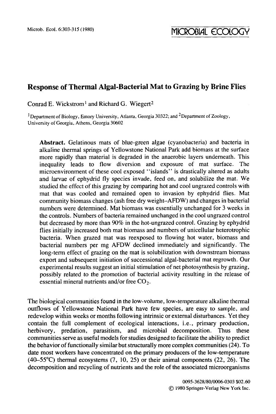 Response of thermal algal-bacterial mat to grazing by brine flies by Unknown