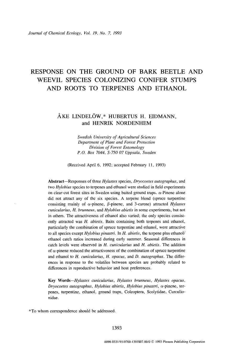 Response on the ground of bark beetle and weevil species colonizing conifer stumps and roots to terpenes and ethanol by Unknown