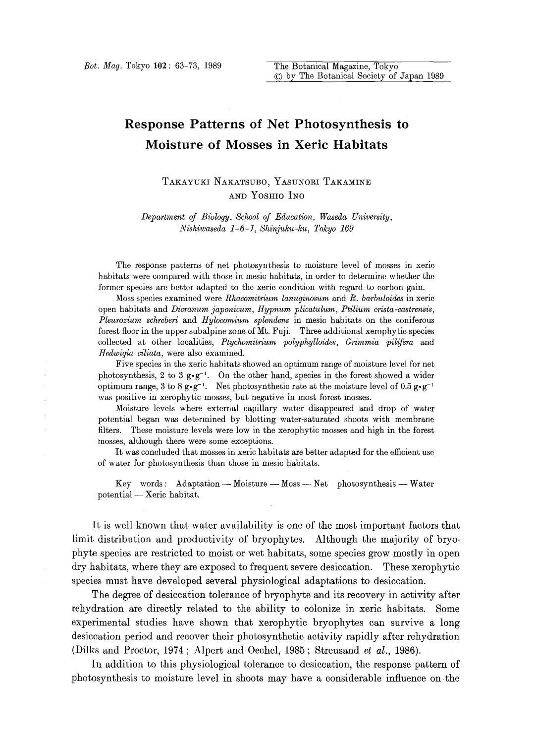 Response patterns of net photosynthesis to moisture of mosses in xeric habitats by Unknown