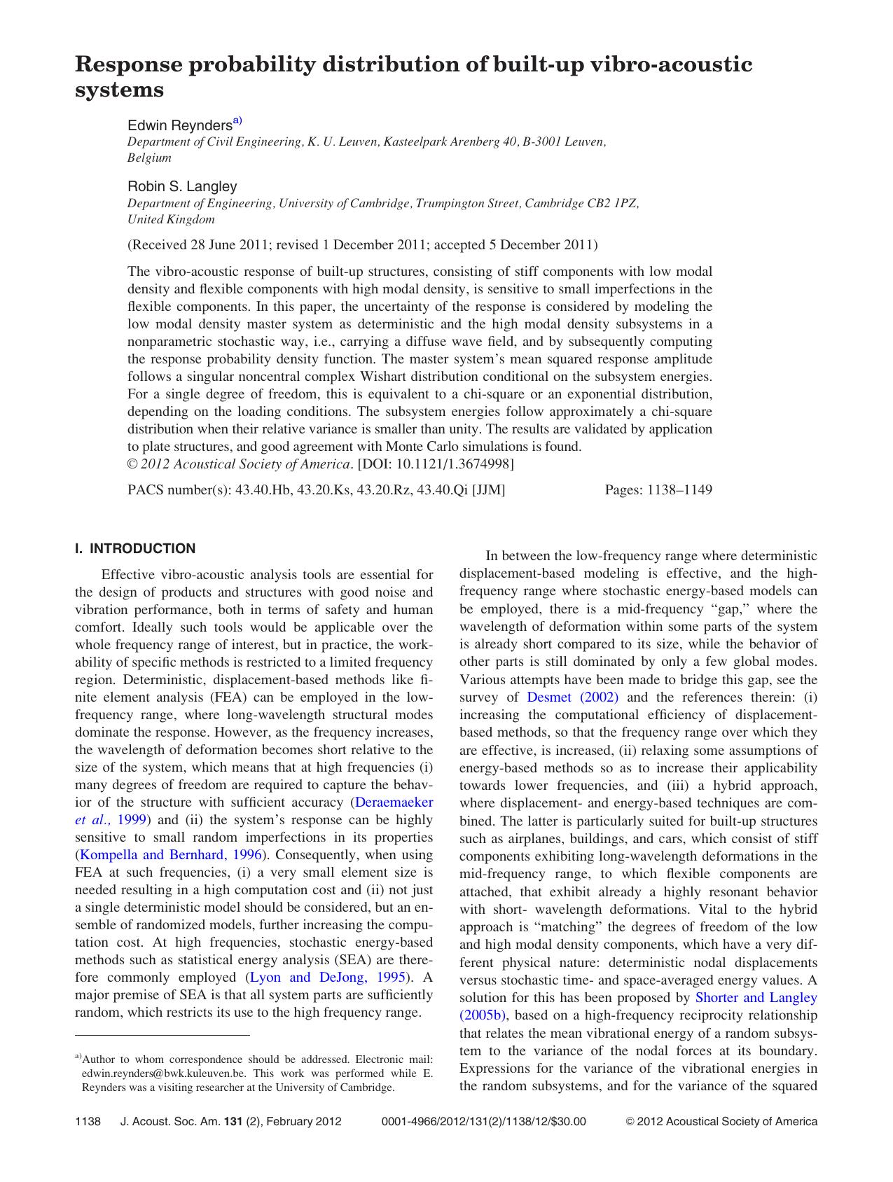 Response probability distribution of built-up vibro-acoustic systems by Edwin Reynders and Robin S. Langley