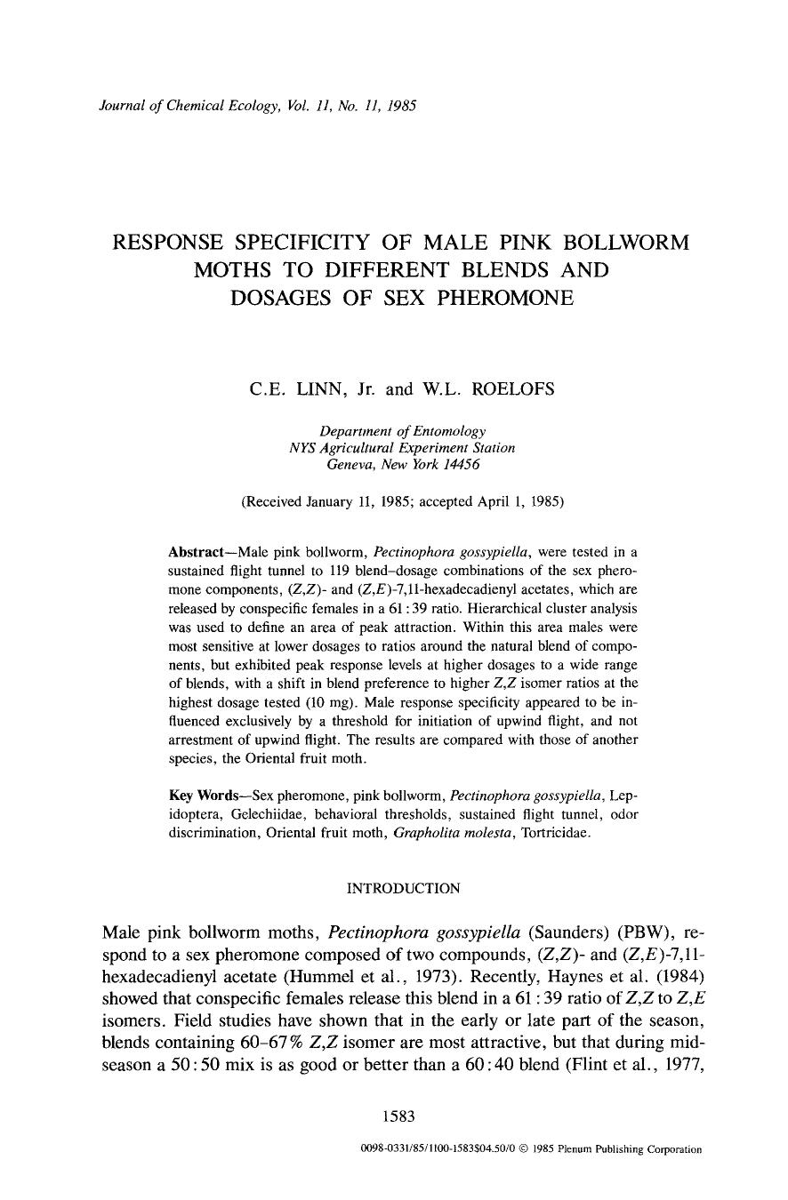 Response specificity of male pink bollworm moths to different blends and dosages of sex pheromone by Unknown