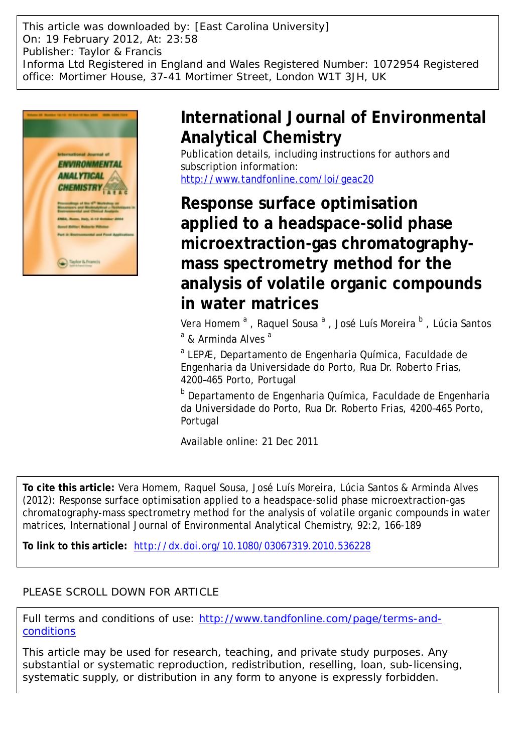 Response surface optimisation applied to a headspace-solid phase microextraction-gas chromatography-mass spectrometry method for the analysis of volatile organic compounds in water matrices by unknow