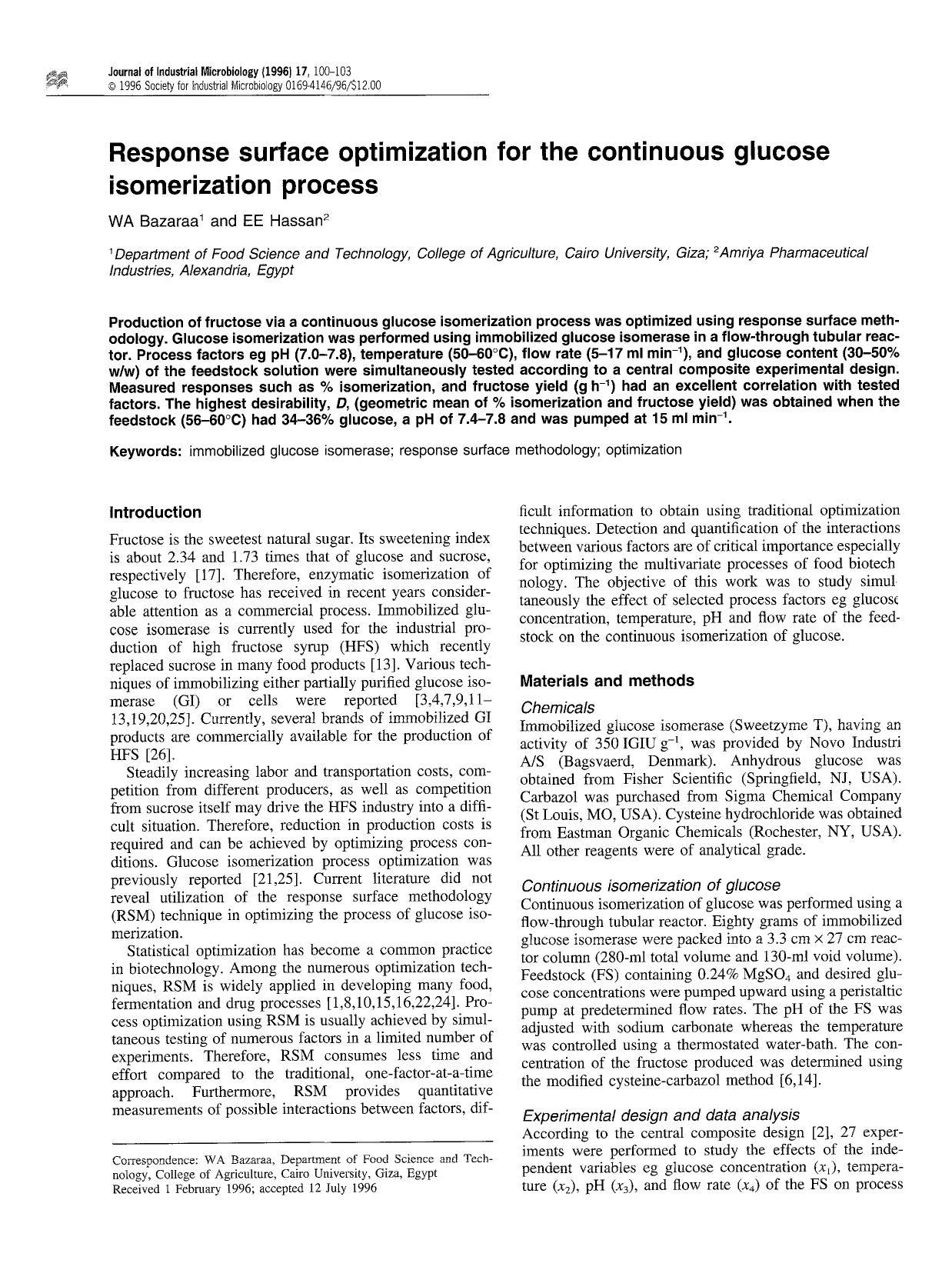 Response surface optimization for the continuous glucose isomerization process by Unknown