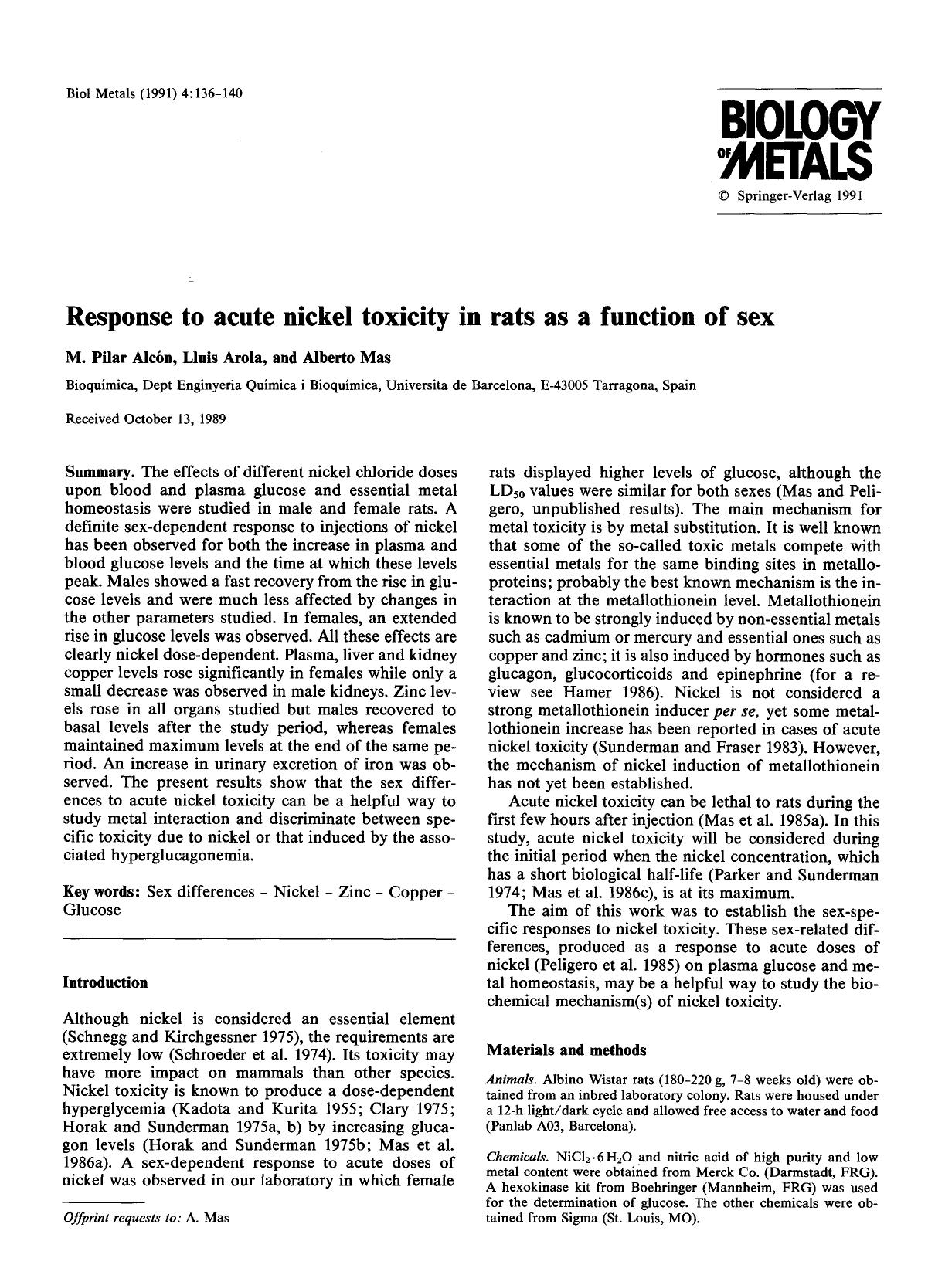Response to acute nickel toxicity in rats as a function of sex by Unknown