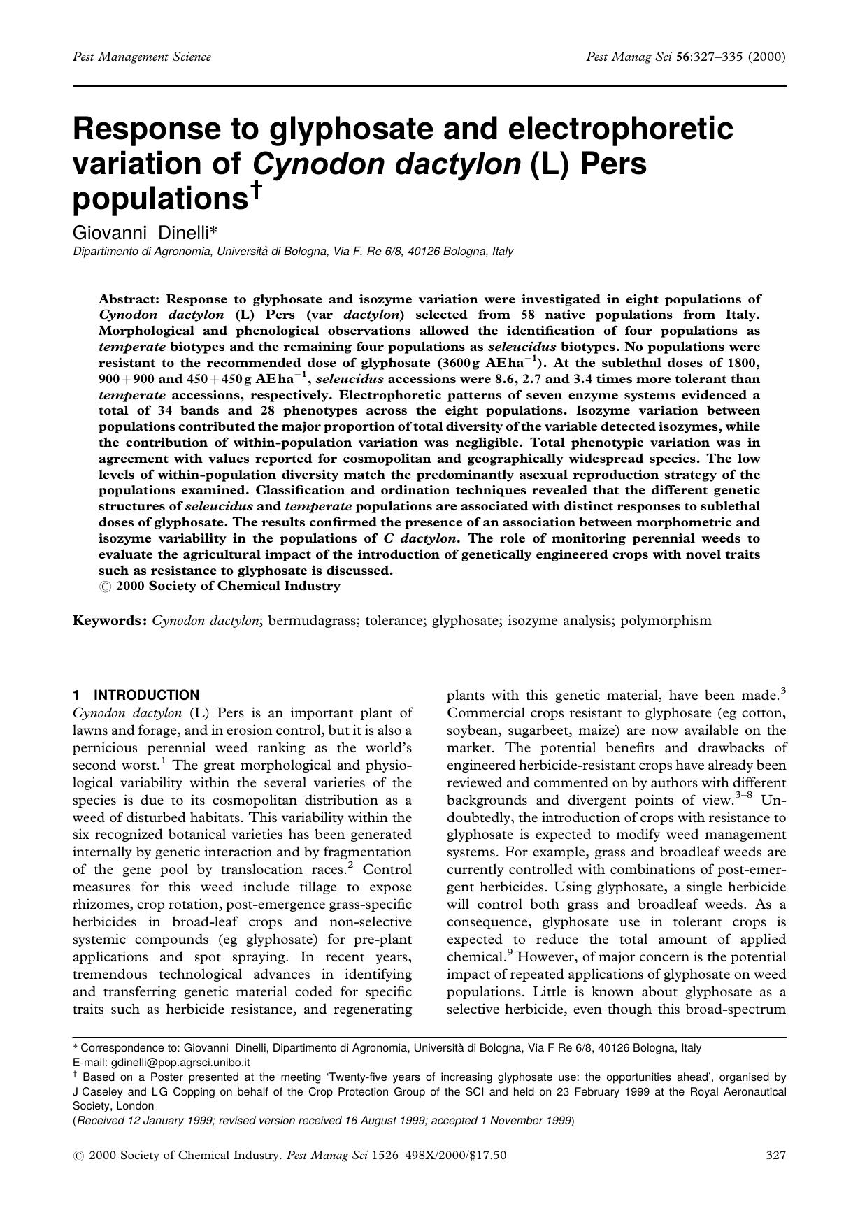 Response to glyphosate and electrophoretic variation of Cynodon dactylon (L) Pers populations by Unknown