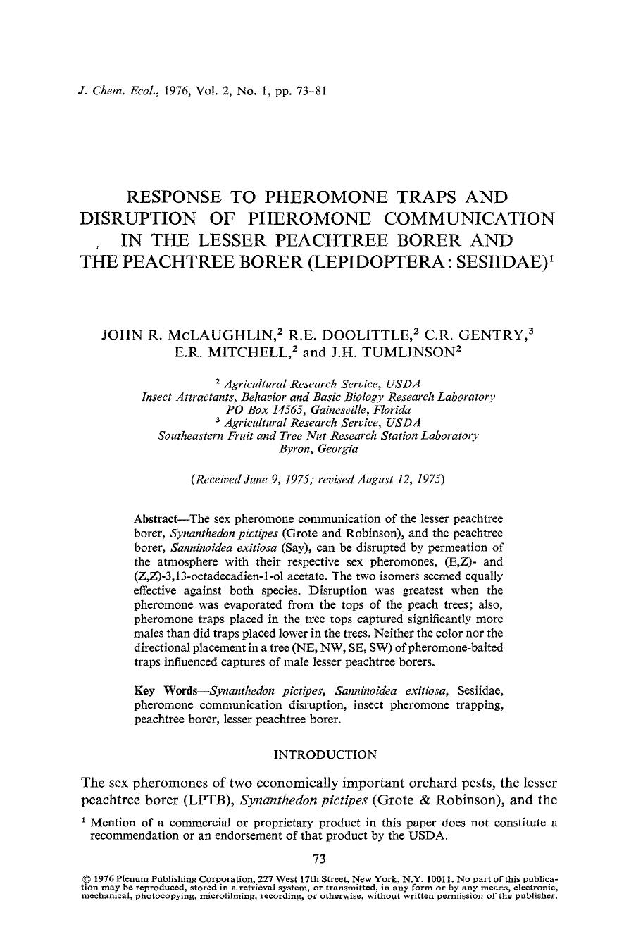 Response to pheromone traps and disruption of pheromone communication in the lesser peachtree borer and the peachtree borer (Lepidoptera: Sesiidae) by Unknown