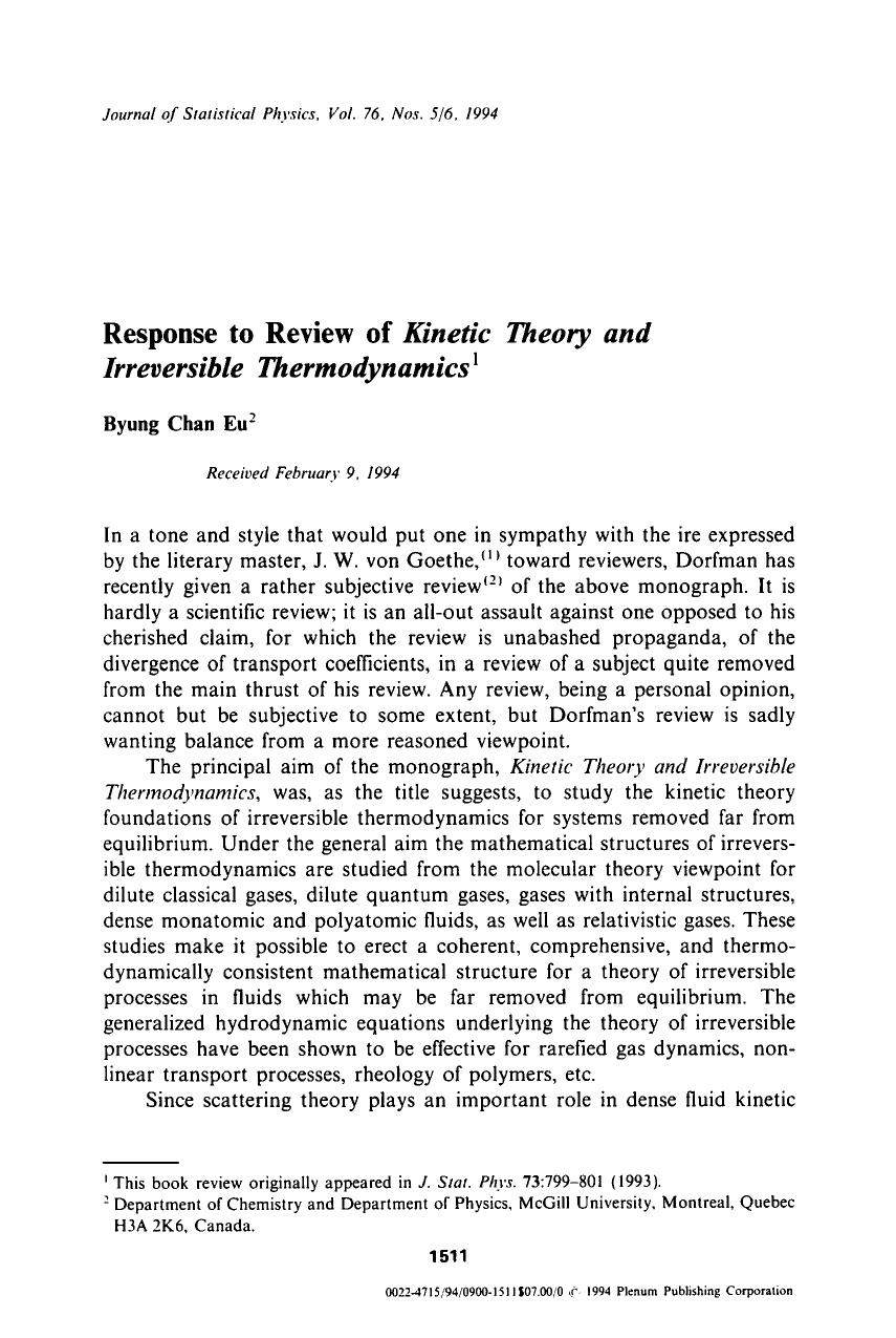 Response to review of kinetic theory and irreversible thermodynamics by Unknown