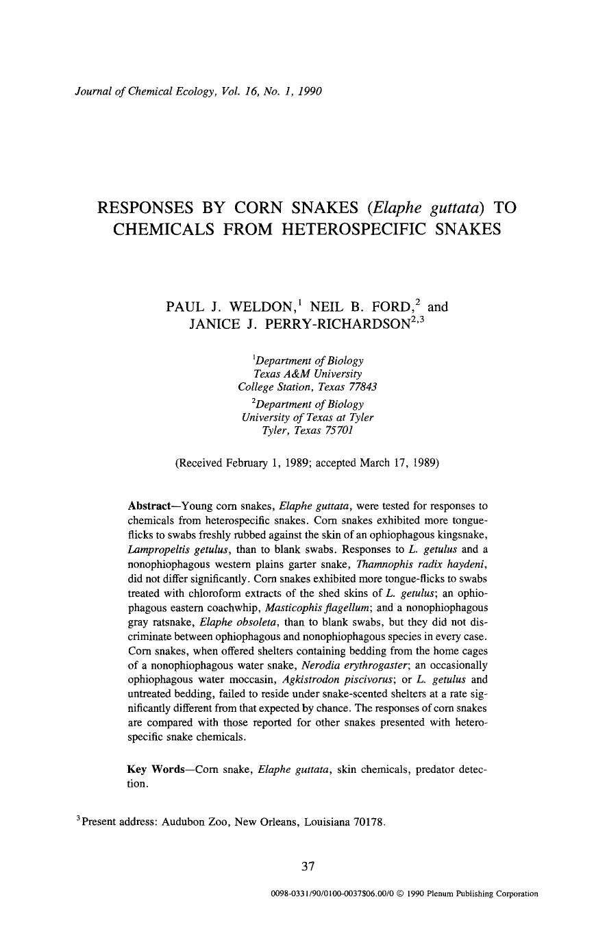 Responses by corn snakes ( <Emphasis Type="Italic">Elaphe guttata <Emphasis>) to chemicals from heterospecific snakes by Unknown