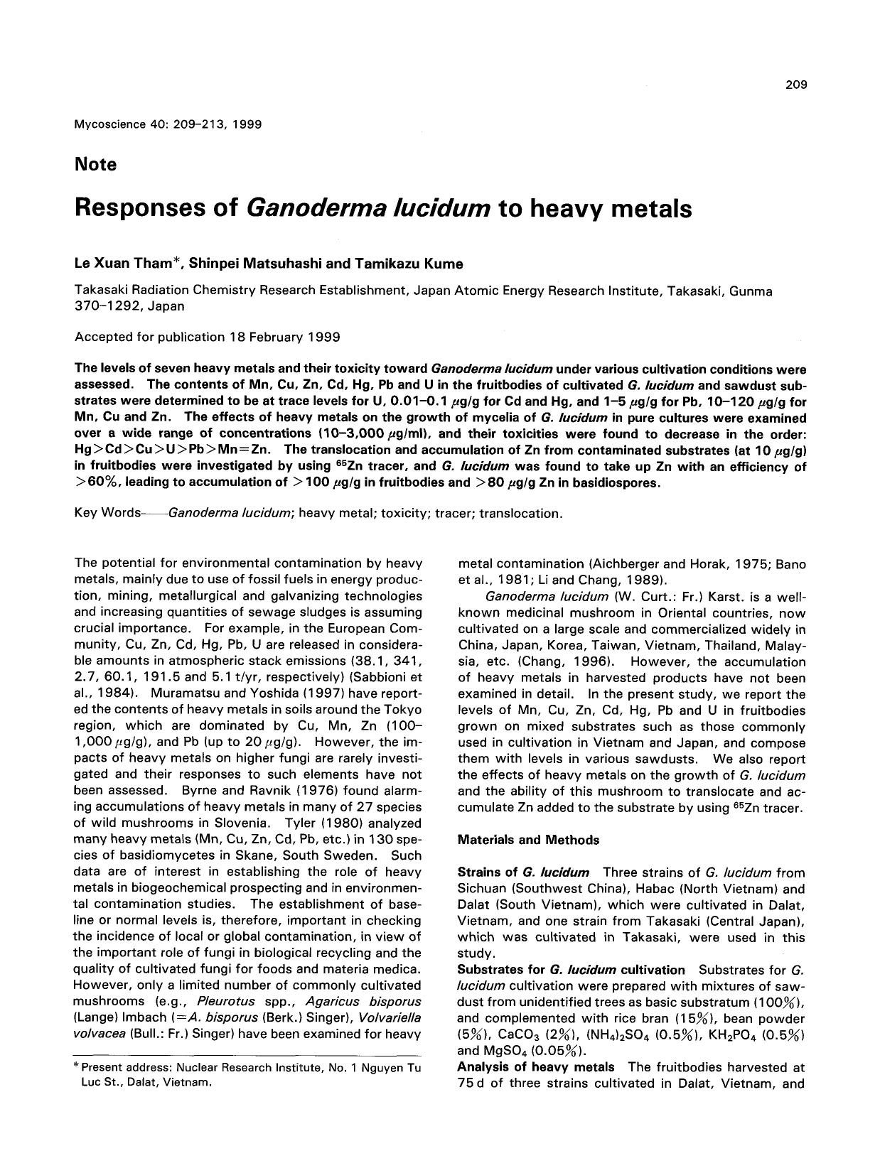 Responses of <Emphasis Type="Italic">Ganoderma lucidum <Emphasis> to heavy metals by Unknown