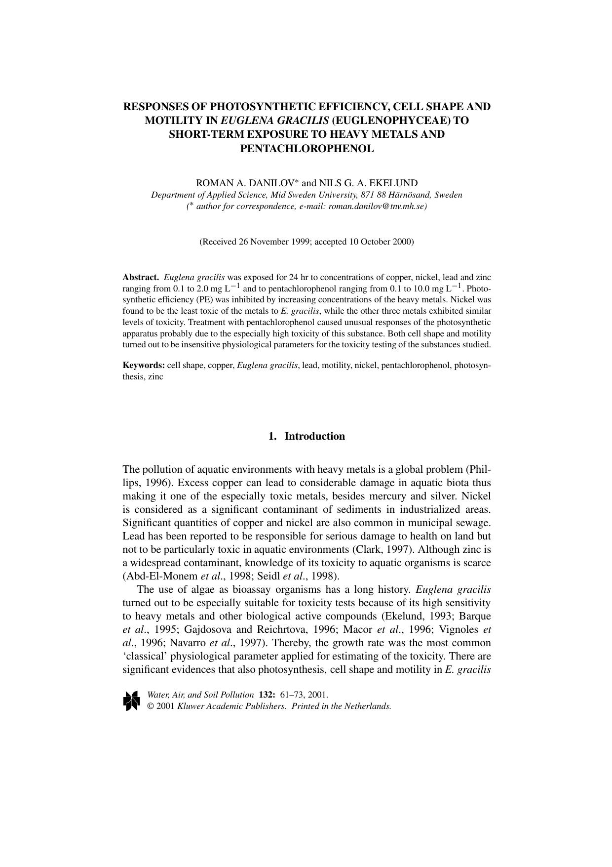 Responses of Photosynthetic Efficiency, Cell Shape and Motility in Euglena gracilis (Euglenophyceae) to Short-Term Exposure to Heavy Metals and Pentachlorophenol by Unknown