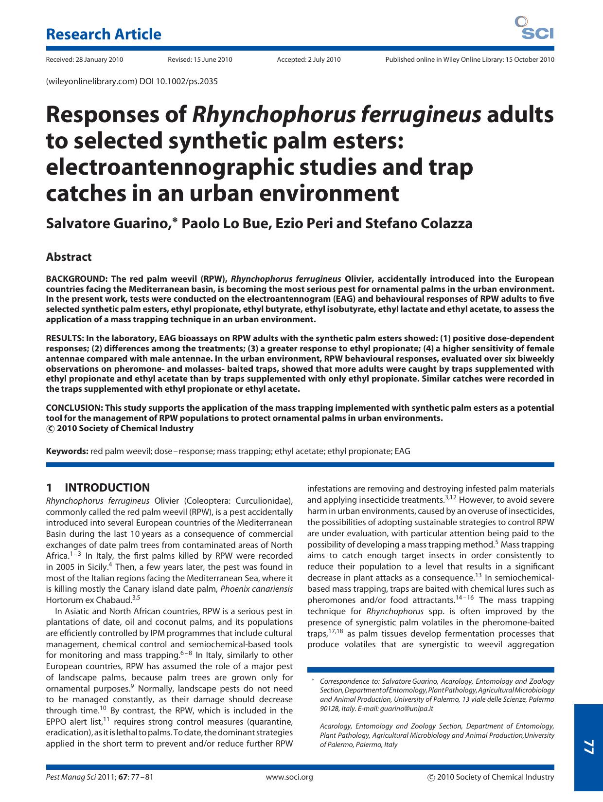 Responses of Rhynchophorus ferrugineus adults to selected synthetic palm esters: electroantennographic studies and trap catches in an urban environment by Unknown