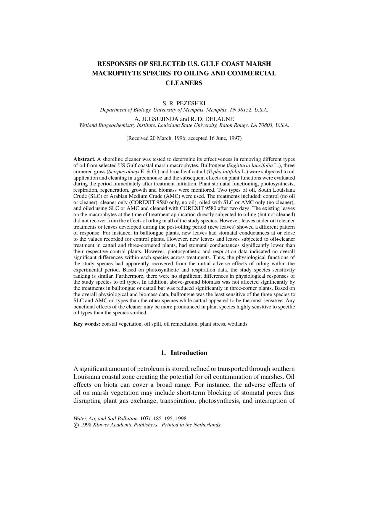 Responses of Selected U.S. Gulf Coast Marsh Macrophyte Species to Oiling and Commercial Cleaners by Unknown