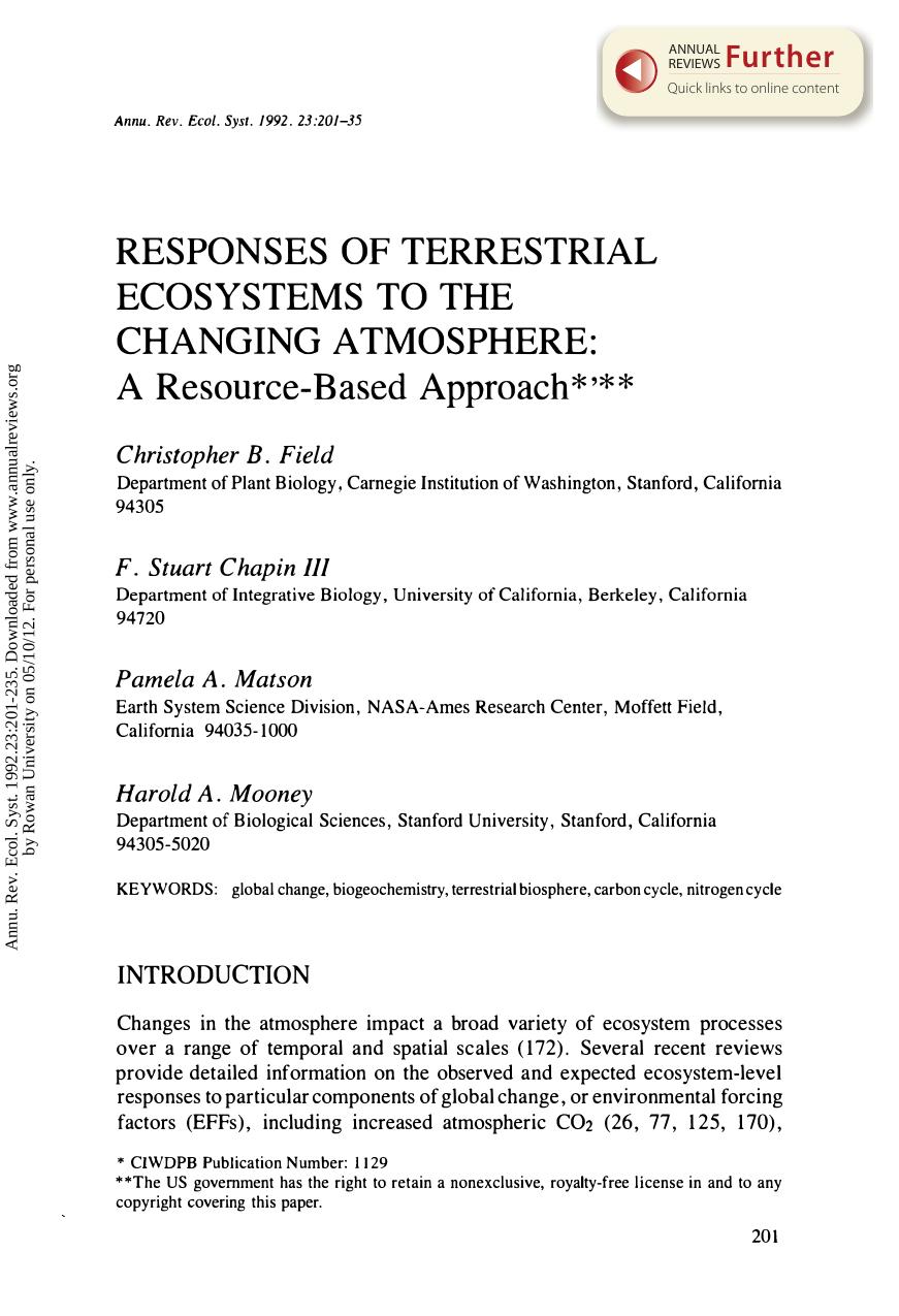 Responses of Terrestrial Ecosystems to the Changing Atmosphere: A Resource-Based Approach by C B Field F S Chapin III P A Matson and & H A Mooney