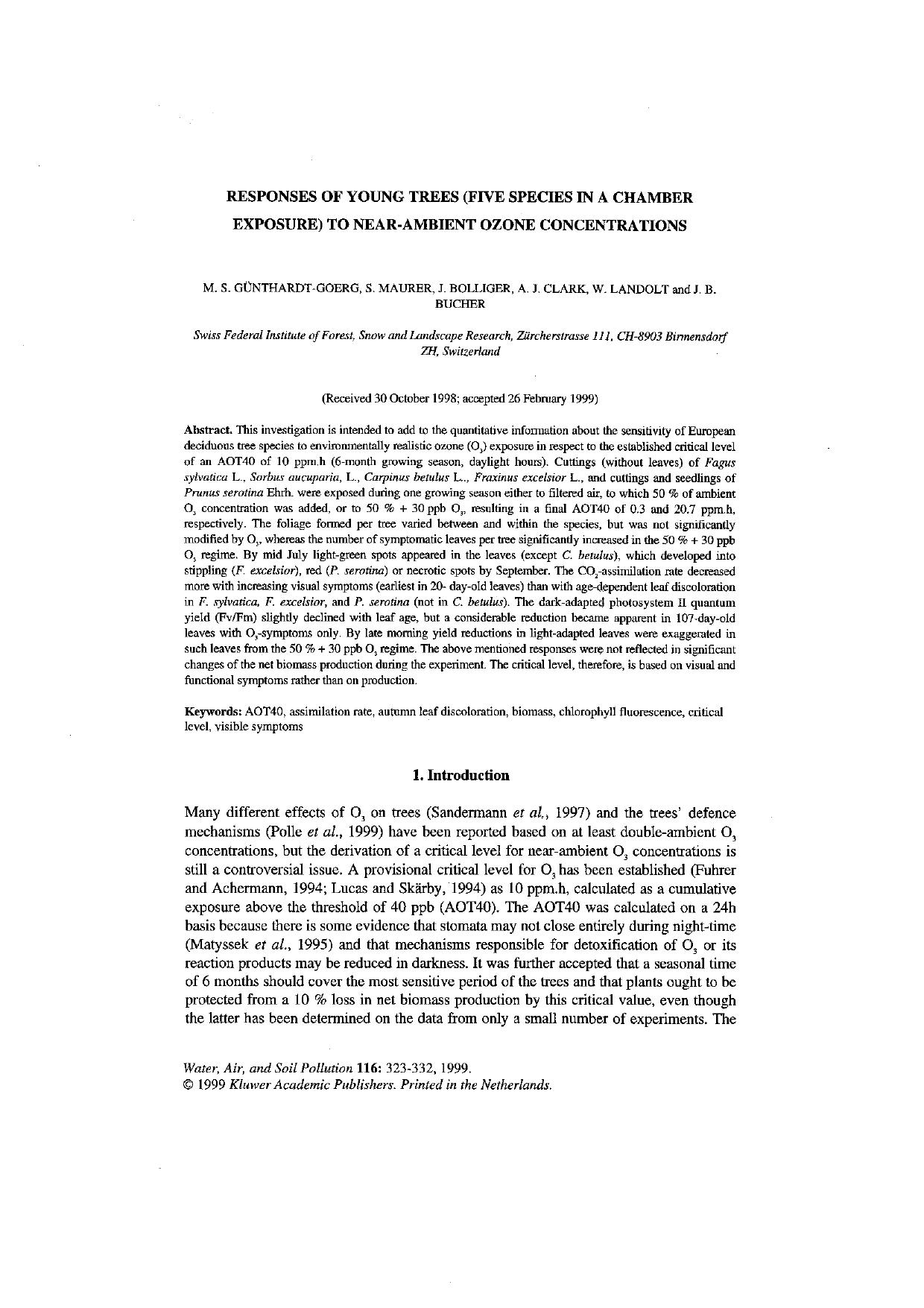 Responses of Young Trees (Five Species in a Chamber Exposure) to Near-Ambient Ozone Concentrations by Unknown