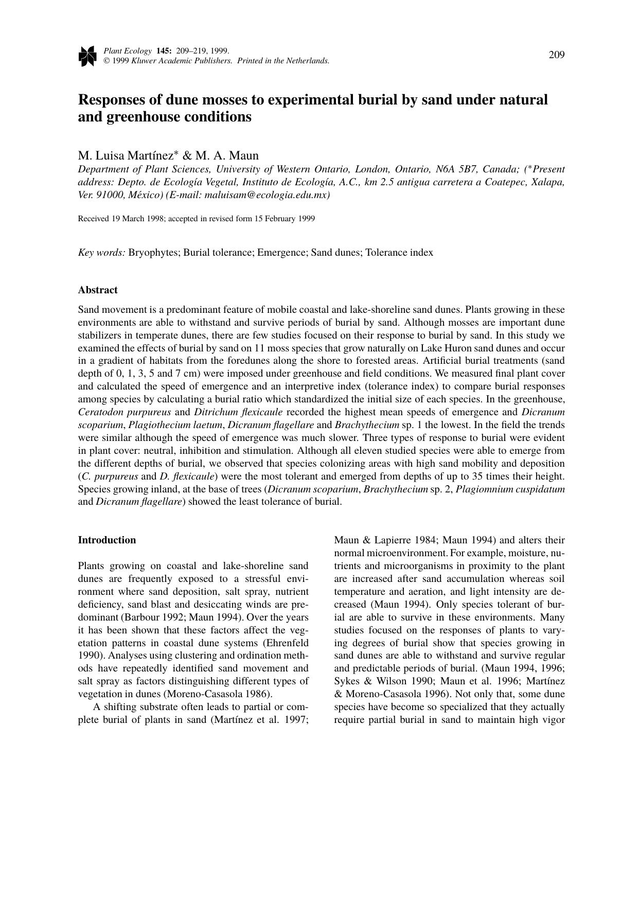 Responses of dune mosses to experimental burial by sand under natural and greenhouse conditions by Unknown