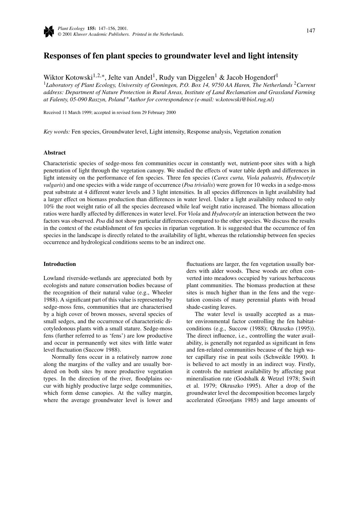Responses of fen plant species to groundwater level and light intensity by Unknown