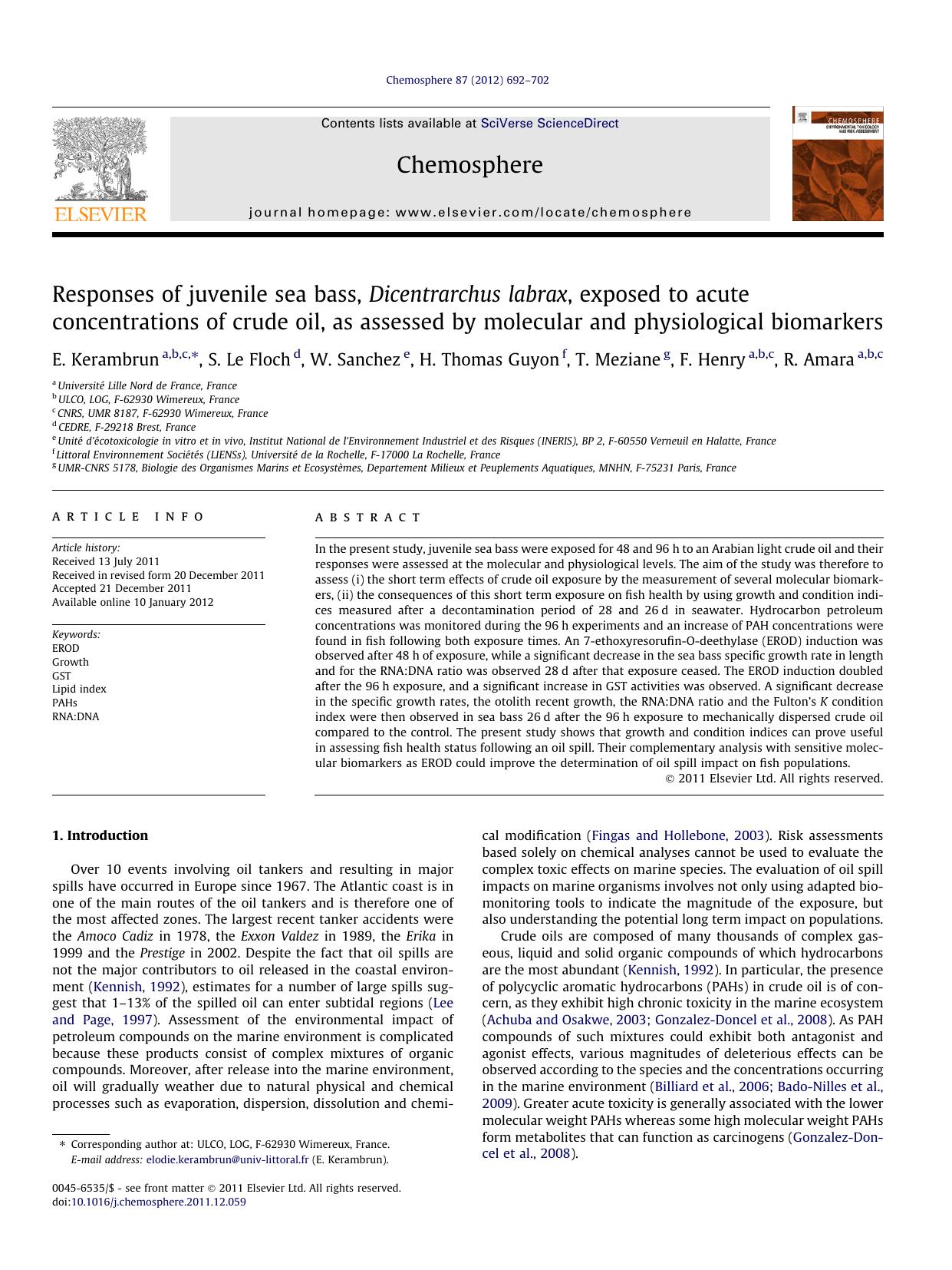 Responses of juvenile sea bass, Dicentrarchus labrax, exposed to acute concentrations of crude oil, as assessed by molecular and physiological biomarkers by E. Kerambrun & S. Le Floch & W. Sanchez & H. Thomas Guyon & T. Meziane & F. Henry & R. Amara