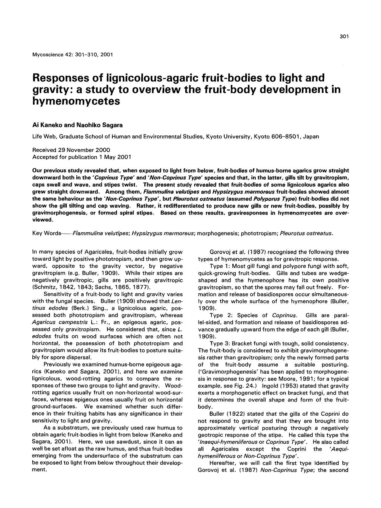 Responses of lignicolous-agaric fruit-bodies to light and gravity: A study to overview the fruit-body development in hymenomycetes by Unknown
