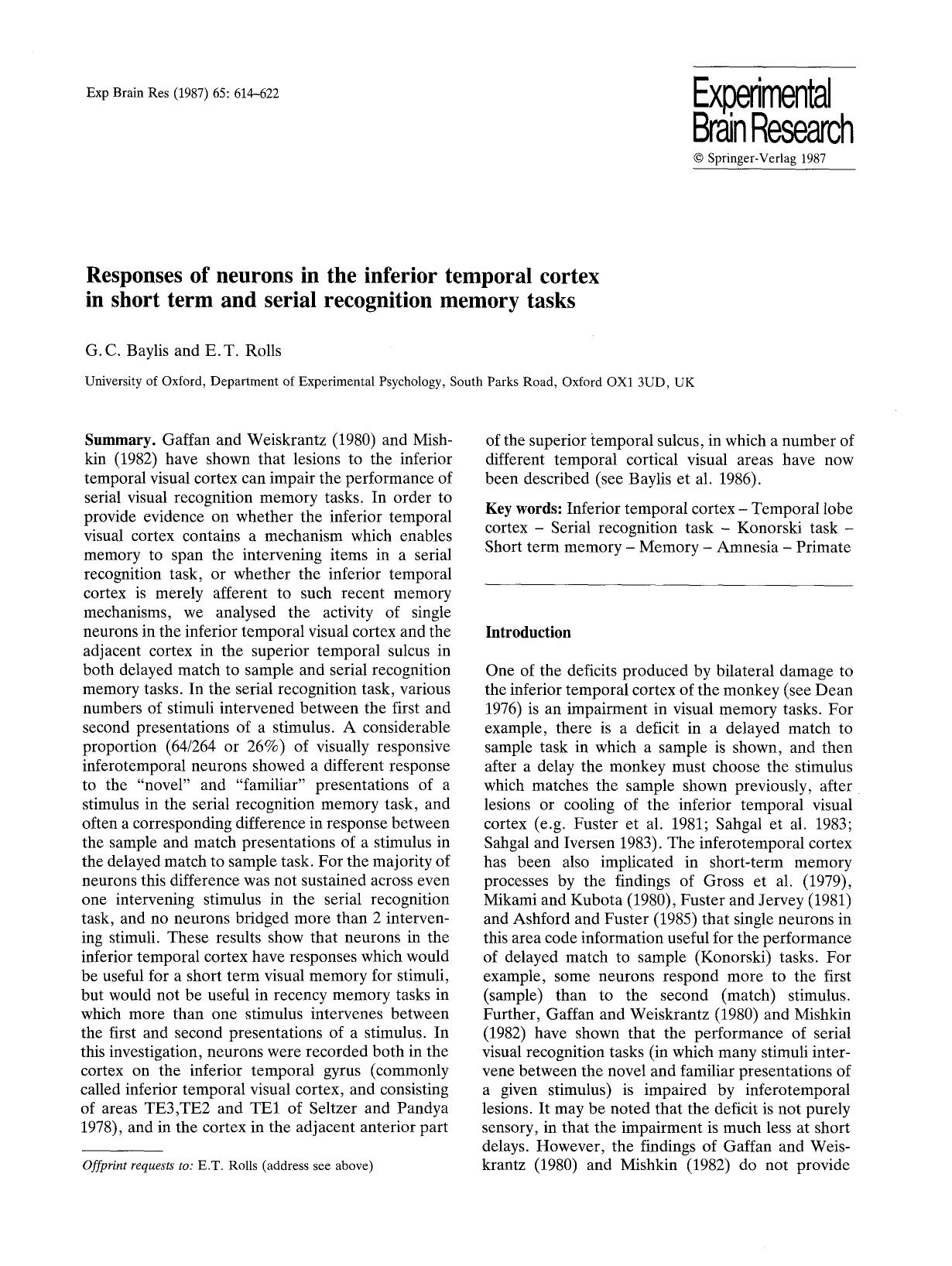 Responses of neurons in the inferior temporal cortex in short term and serial recognition memory tasks by Unknown
