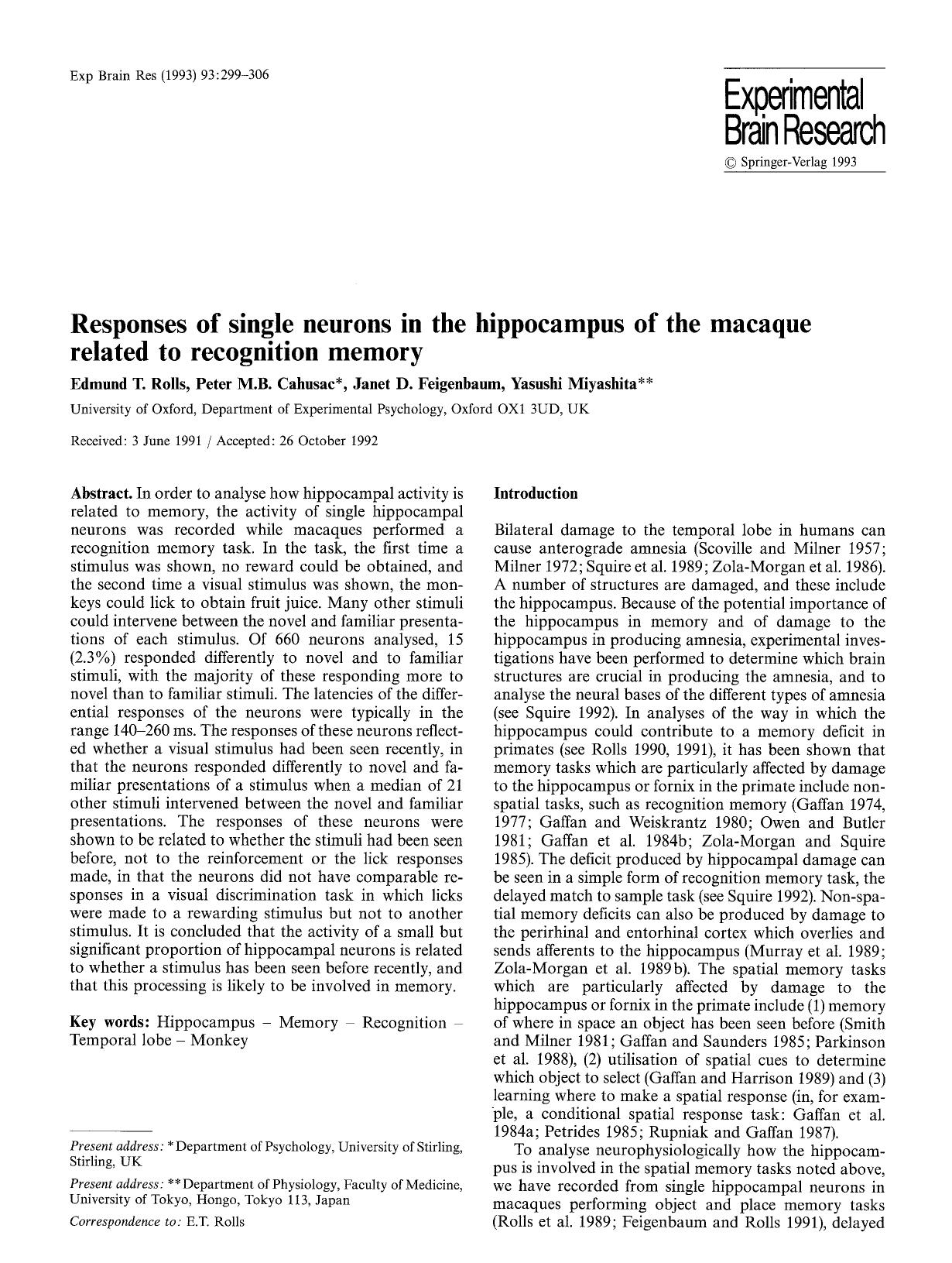 Responses of single neurons in the hippocampus of the macaque related to recognition memory by Unknown