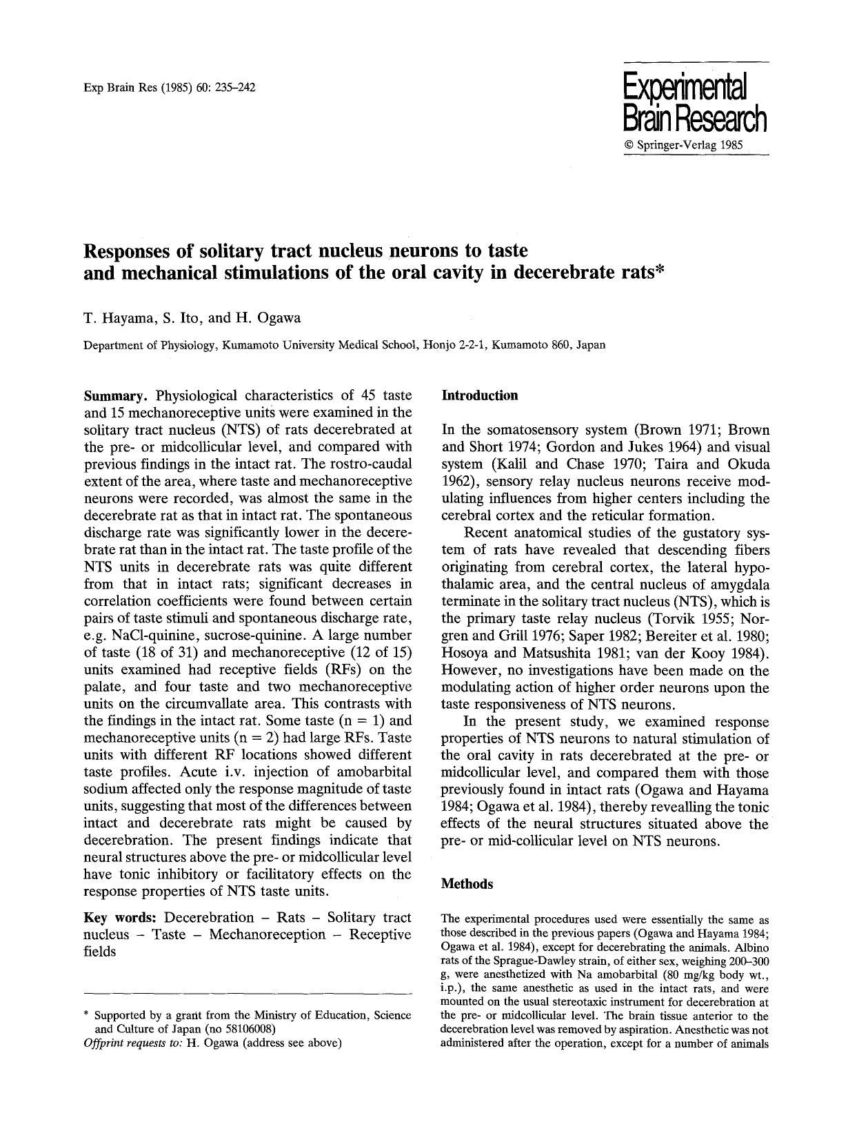 Responses of solitary tract nucleus neurons to taste and mechanical stimulations of the oral cavity in decerebrate rats by Unknown