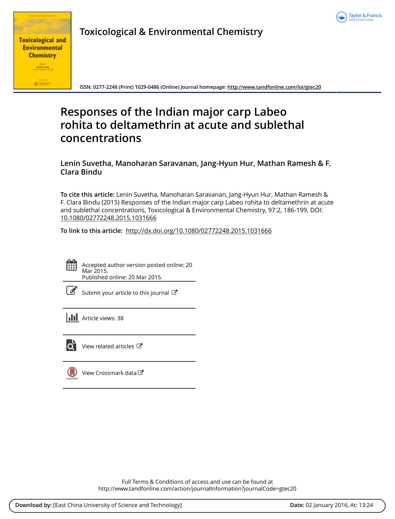 Responses of the Indian major carp Labeo rohita to deltamethrin at acute and sublethal concentrations by Lenin Suvetha
