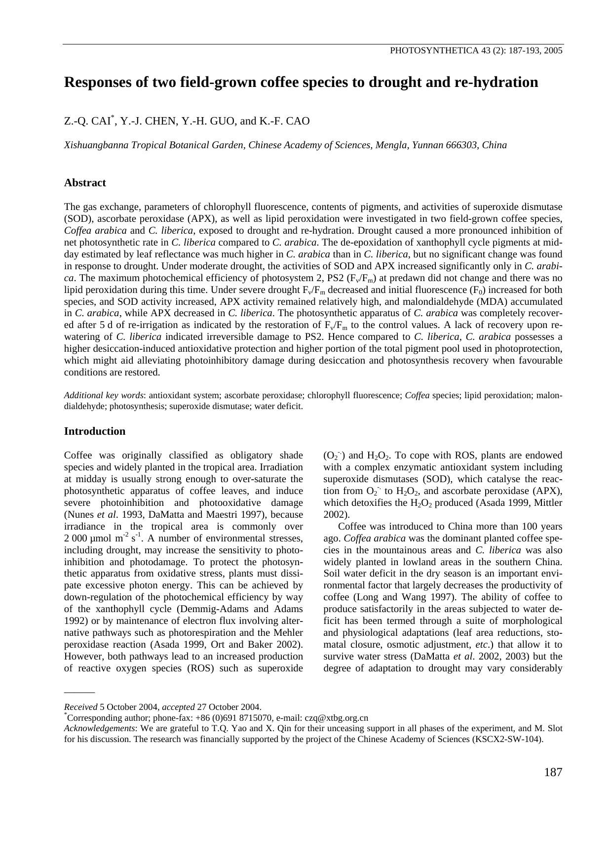 Responses of two field-grown coffee species to drought and re-hydration by Unknown