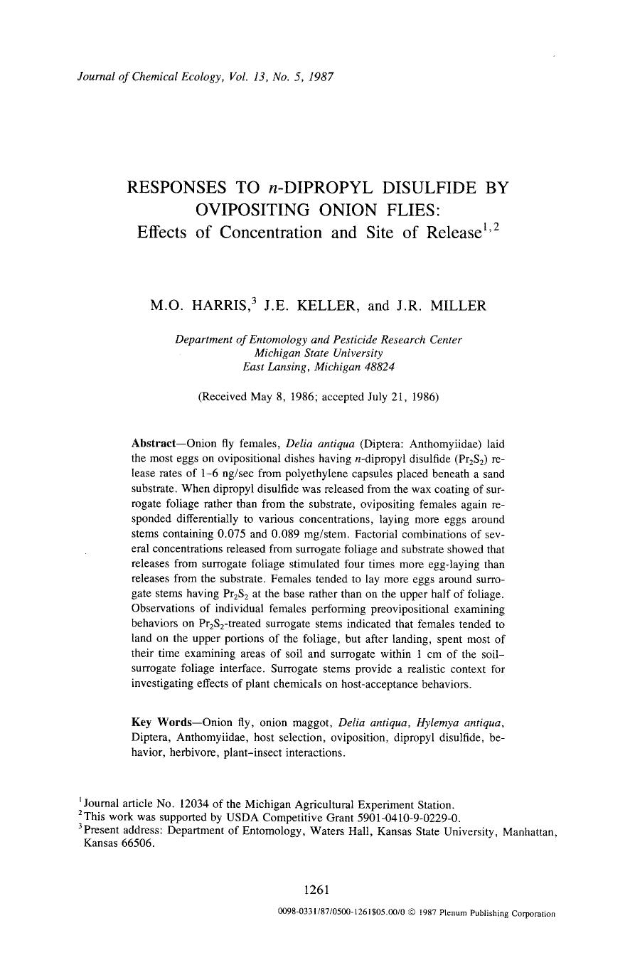 Responses to <Emphasis Type="Italic">n <Emphasis>-dipropyl disulfide by ovipositing onion flies: Effects of concentration and site of release by Unknown