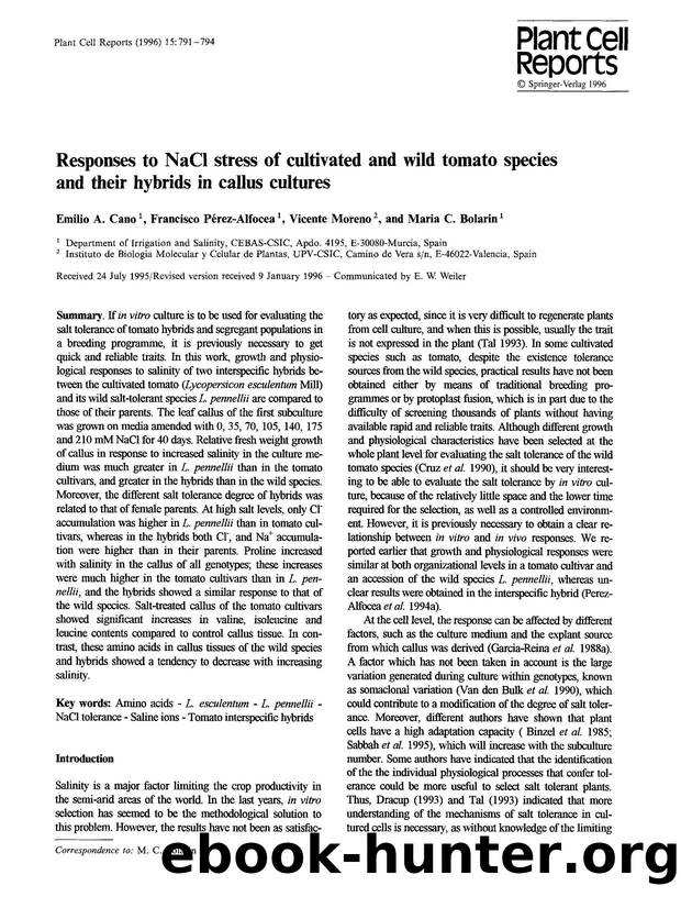 Responses to NaCl stress of cultivated and wild tomato species and their hybrids in callus cultures by Unknown
