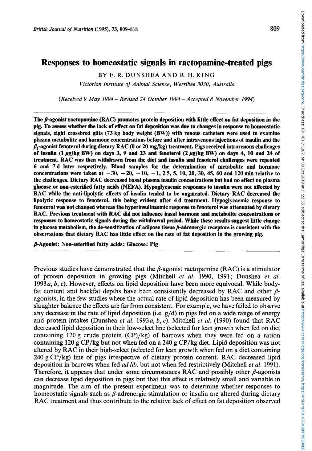 Responses to homeostatic signals in ractopamine-treated pigs by F. R. Dunshea R. H. King