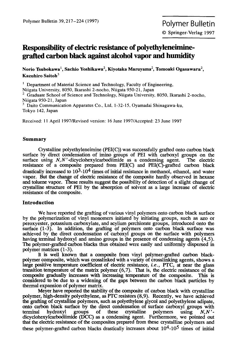 Responsibility of electric resistance of polyethyleneimine-grafted carbon black against alcohol vapor and humidity by Unknown