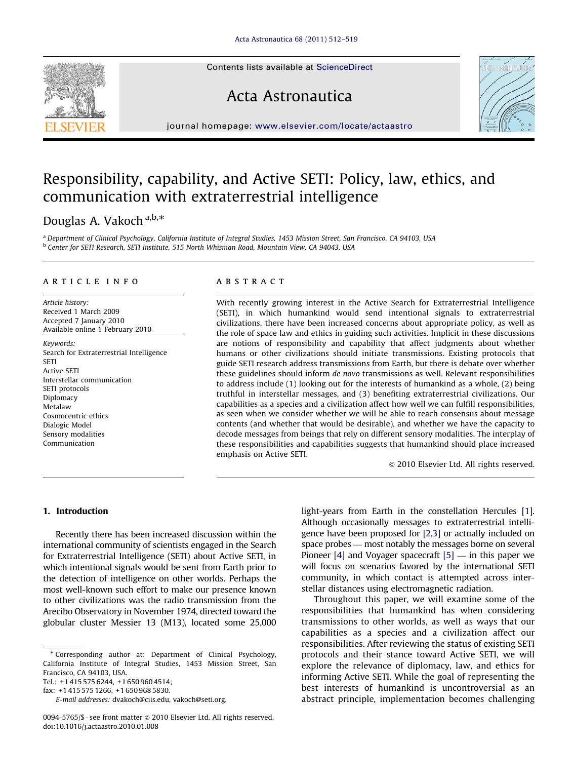 Responsibility, capability, and Active SETI Policy, law, ethics, and communication with extraterrestrial intelligence by Douglas A. Vakoch