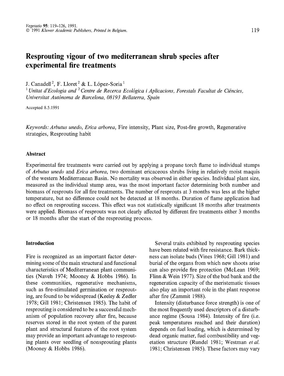 Resprouting vigour of two mediterranean shrub species after experimental fire treatments by Unknown