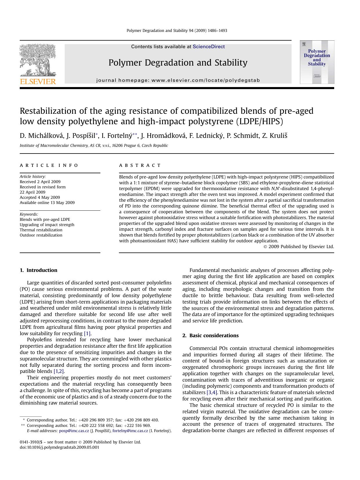 Restabilization of the aging resistance of compatibilized blends of pre-aged low density polyethylene and high-impact polystyrene (LDPEHIPS) by D. MichAlkovA; J. PospISil; I. FortelnY; J. HromAdkovA; F. LednickY; P. Schmidt; Z. KruliS