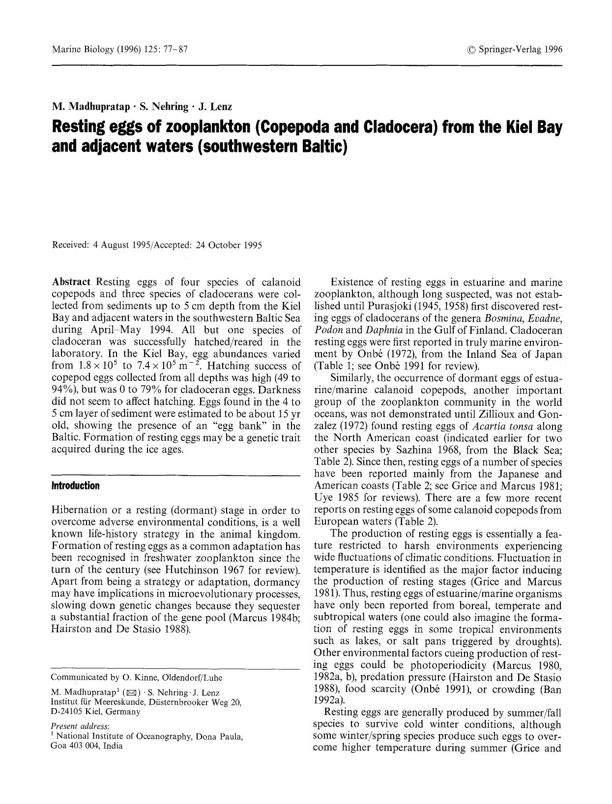 Resting eggs of zooplankton (Copepoda and Cladocera) from the Kiel Bay and adjacent waters (southwestern Baltic) by Unknown