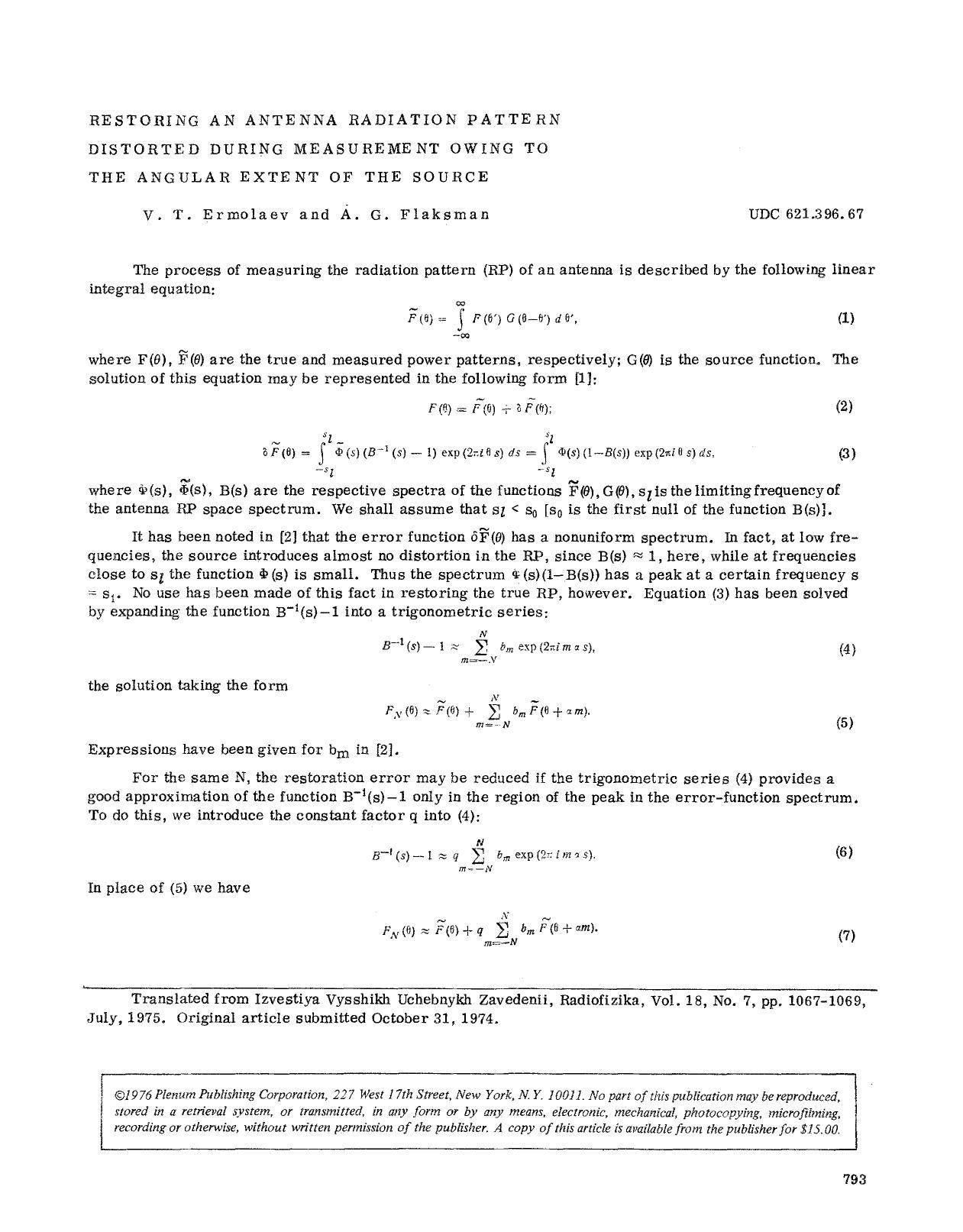 Restoring an antenna radiation pattern distorted during measurement owing to the angular extent of the source by Unknown