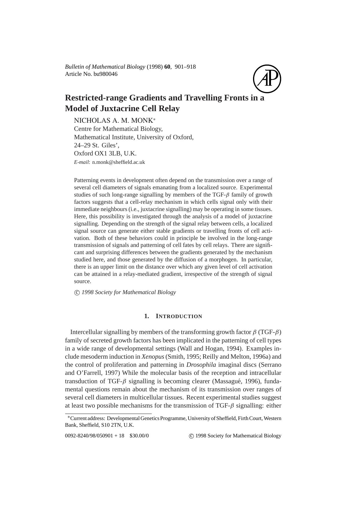 Restricted-range Gradients and Travelling Fronts in a Model of Juxtacrine Cell Relay by Monk N.A.M