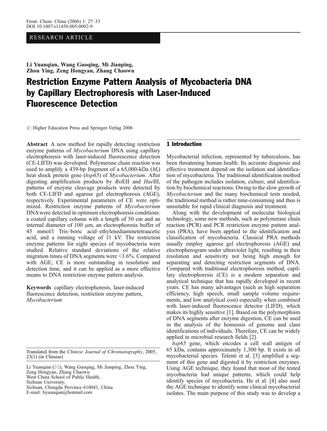 Restriction Enzyme Pattern Analysis of Mycobacteria DNA by Capillary Electrophoresis with Laser-Induced Fluorescence Detection by Unknown