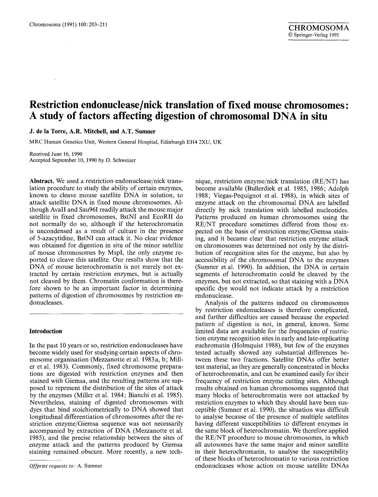 Restriction endonucleasenick translation of fixed mouse chromosomes: A study of factors affecting digestion of chromosomal DNA in situ by Unknown