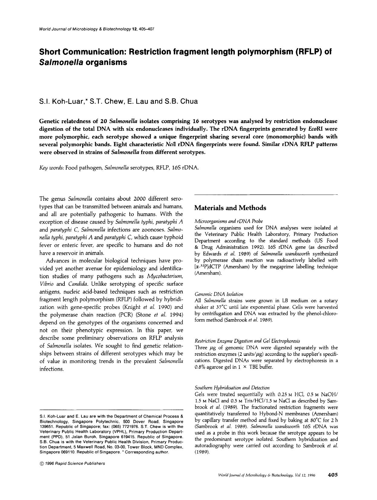 Restriction fragment length polymorphism (RFLP) of <Emphasis Type="Italic">Salmonella<Emphasis> organisms by Unknown