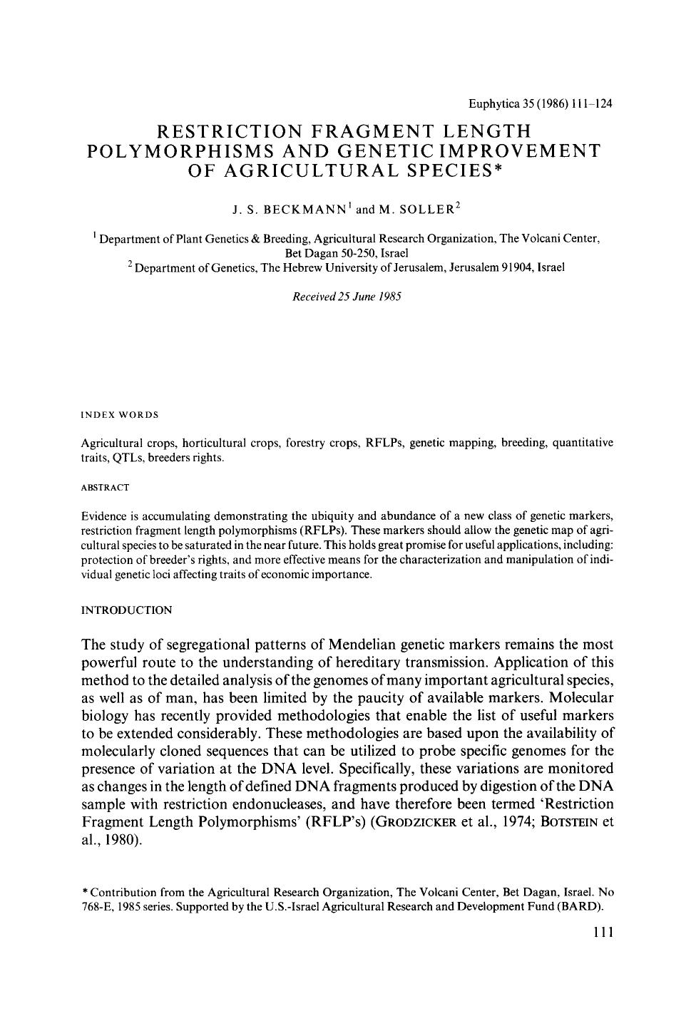Restriction fragment length polymorphisms and genetic improvement of agricultural species by Unknown