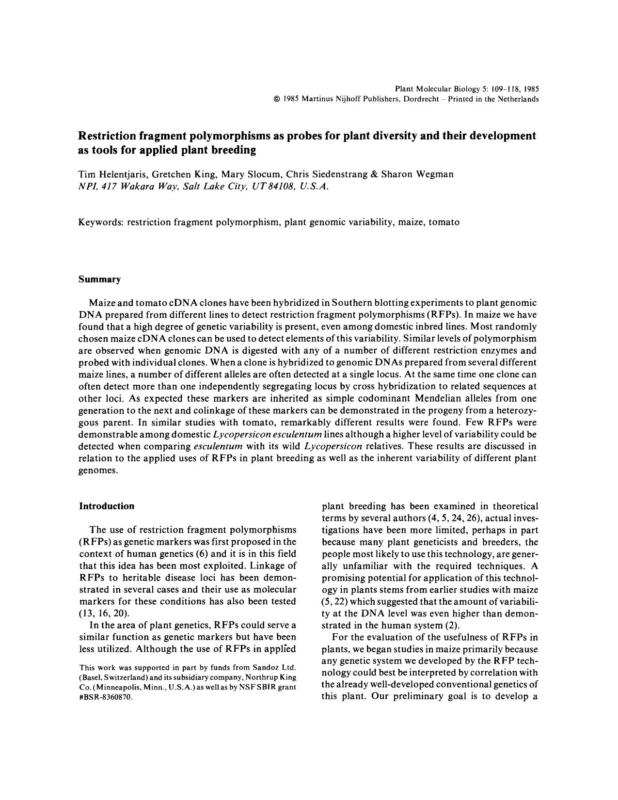 Restriction fragment polymorphisms as probes for plant diversity and their development as tools for applied plant breeding by Unknown