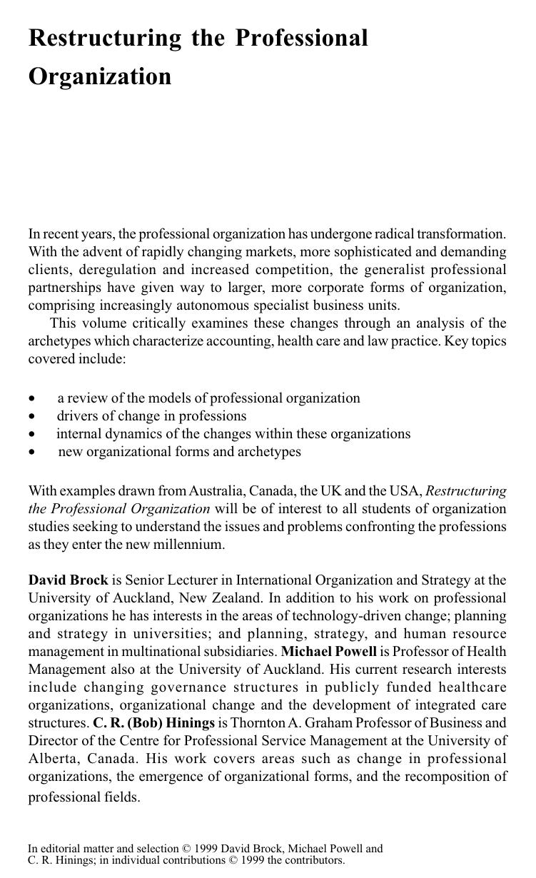 Restructuring the professional organization : accounting, healthcare, and law by Hinings Christopher Robin; Brock David; Powell Michael J