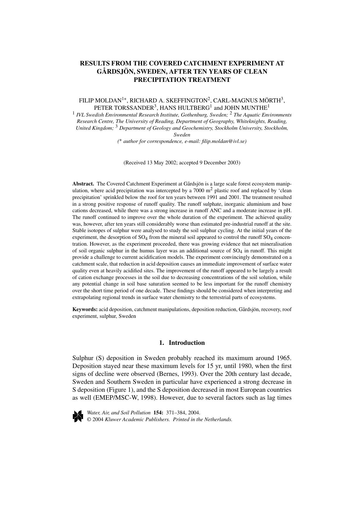 Results from the Covered Catchment Experiment at G&#x00E5;rdsj&#x00F6;n, Sweden, after Ten Years of Clean Precipitation Treatment by Unknown