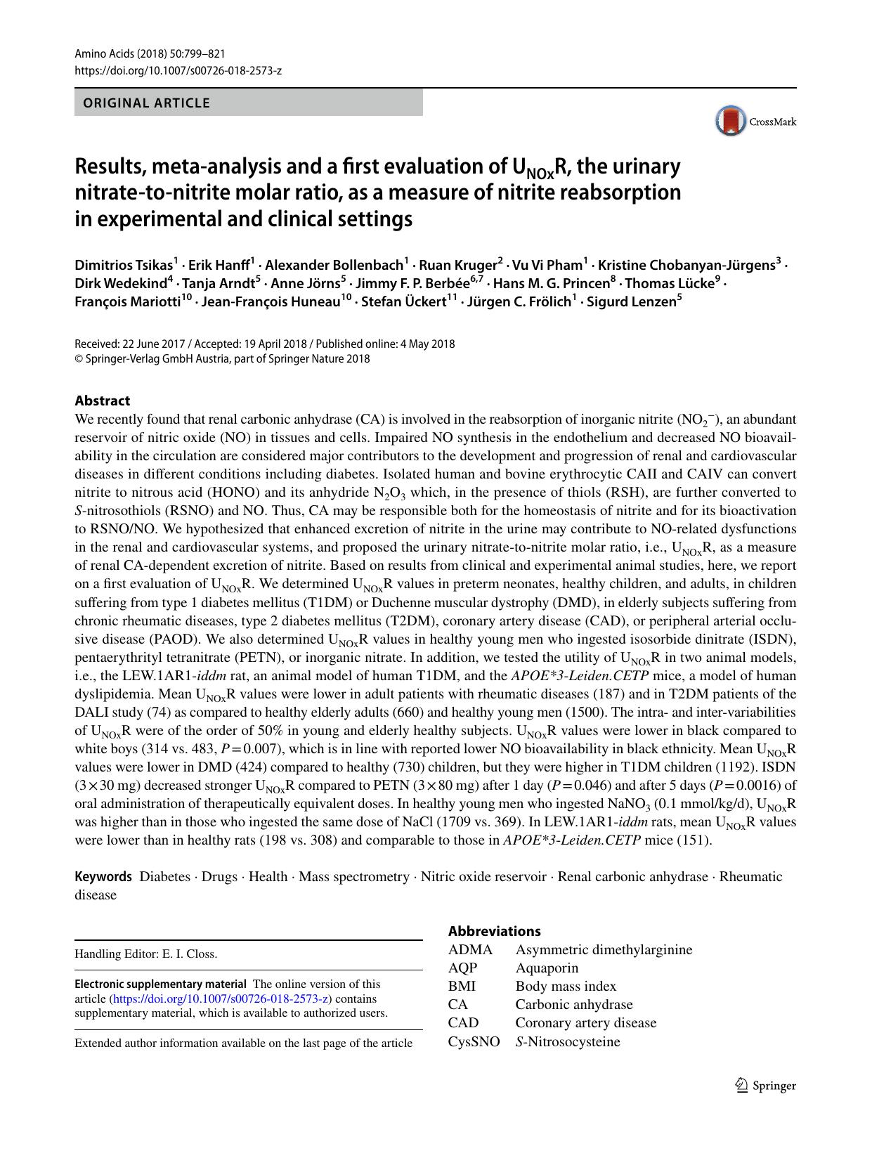 Results, meta-analysis and a first evaluation of UNOxR, the urinary nitrate-to-nitrite molar ratio, as a measure of nitrite reabsorption in experimental and clinical settings by unknow