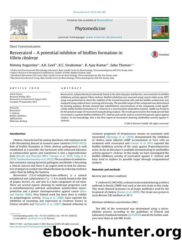 Resveratrol â A potential inhibitor of biofilm formation in Vibrio cholerae by Nimmy Augustine & A.K. Goel & K.C. Sivakumar & R. Ajay Kumar & Sabu Thomas